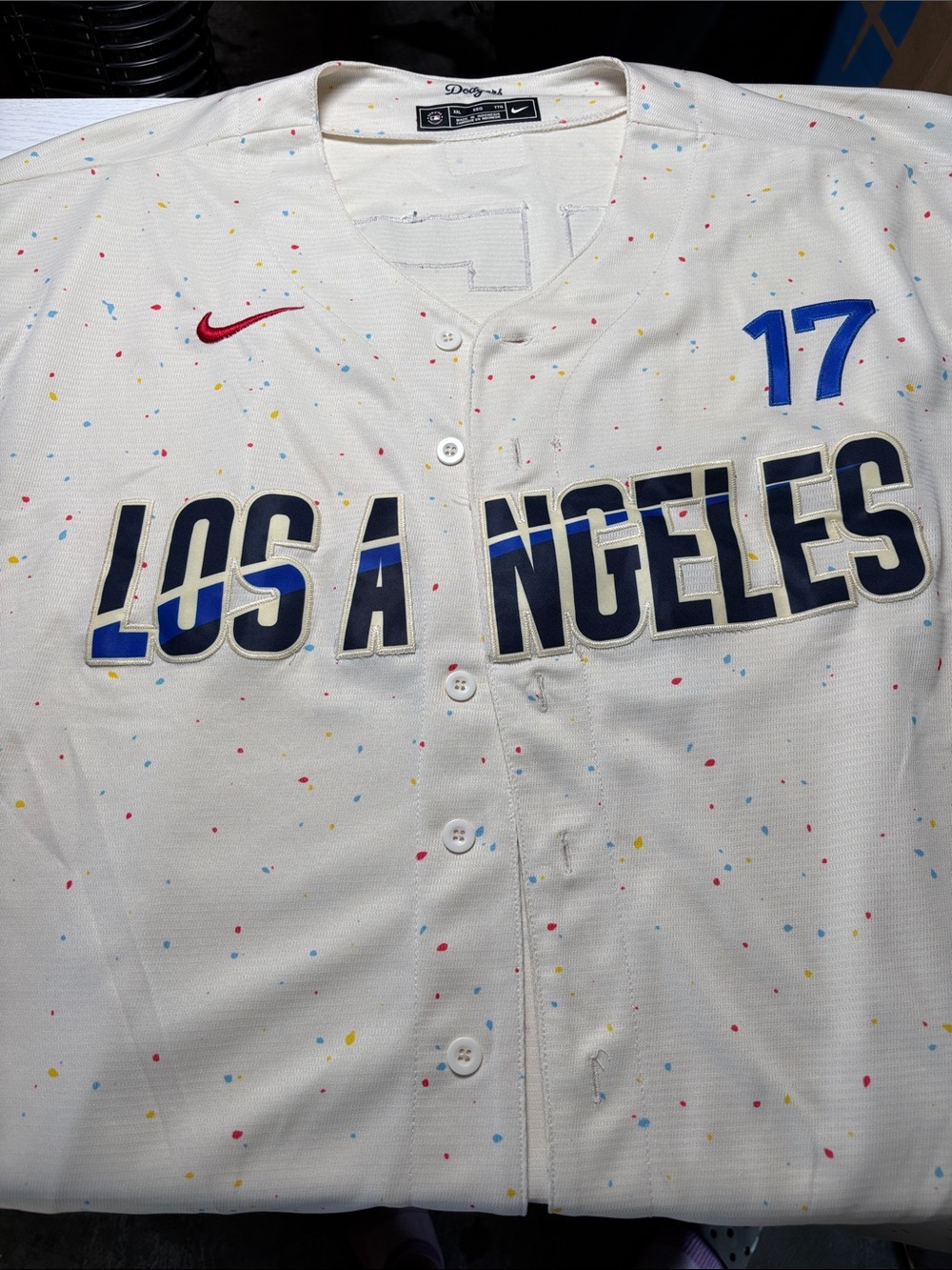 Nike Cream Dodgers Jersey with Red, Yellow, Blue, and Pink Dots